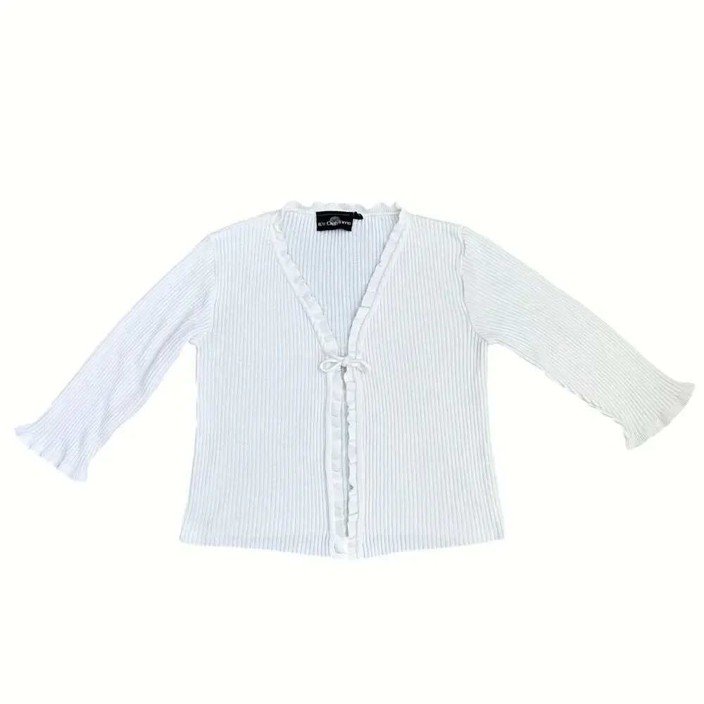 It’s Our Time White Ribbed Tie Front Ruffle Trim Cardigan Top Y2K Fairy Grunge S